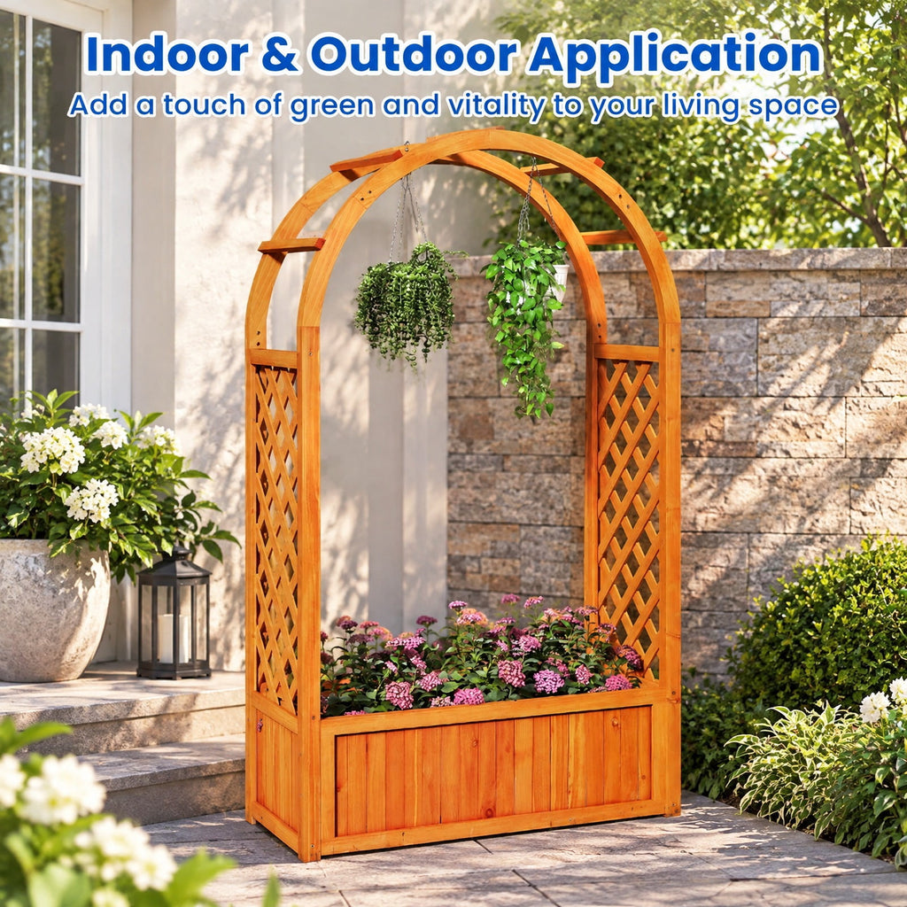 Airfind Raised Garden Bed with Lattice Trellis Ached Roof Wooden Elevated Planter Box, 88 lbs Capacity, Fir Wood Frame, Brown