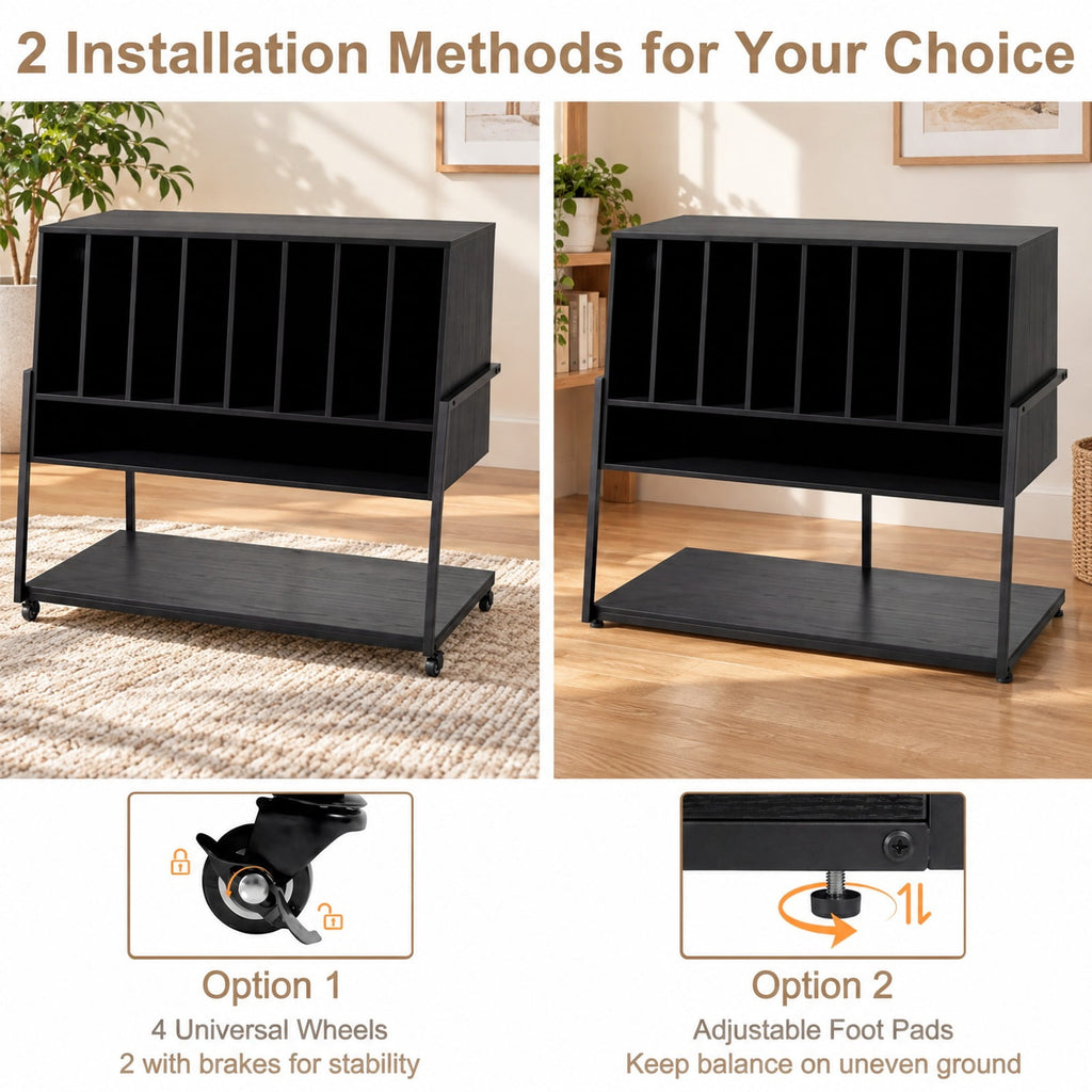 Airfind Turntable Stand with Charging Station and Vinyl Storage Shelves, 44 lbs Capacity, Engineered Wood MDF Metal Frame, Black