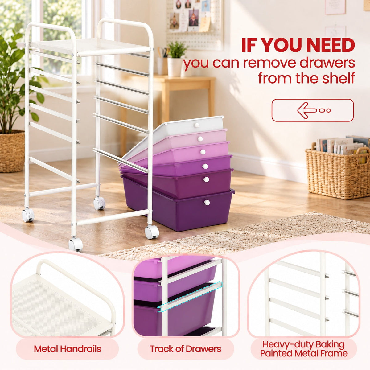 Airfind Multifunctional 6 Drawers Rolling Storage Cart Organizer, Steel Frame, 17 x 13.5 x 30 Footprint, Purple
