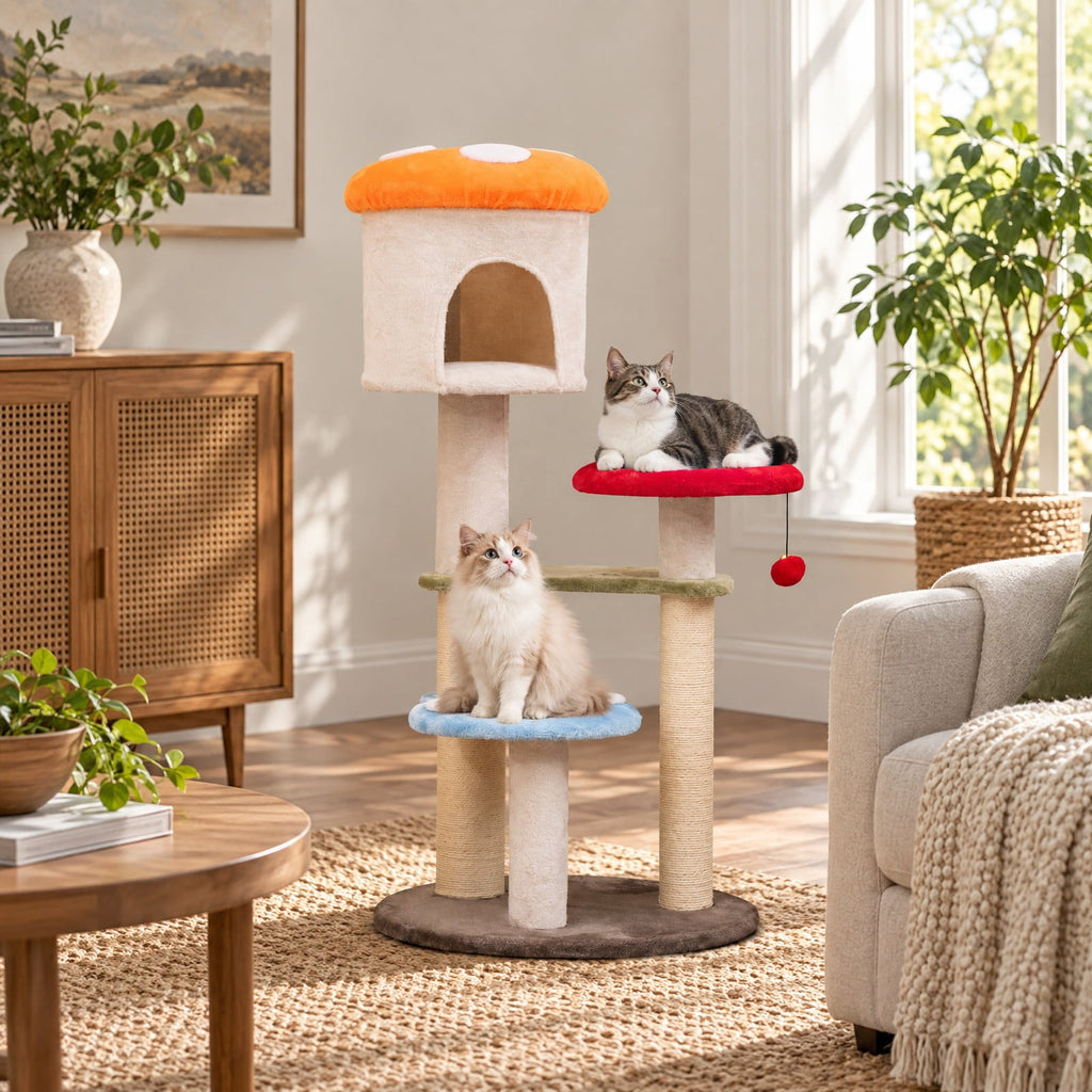 Airfind Cute Mushroom Cat Tree with Sisal Scratching Posts Top Condo and Padded Platforms, 22 lbs Capacity, 23 x 48 Footprint, Colorful