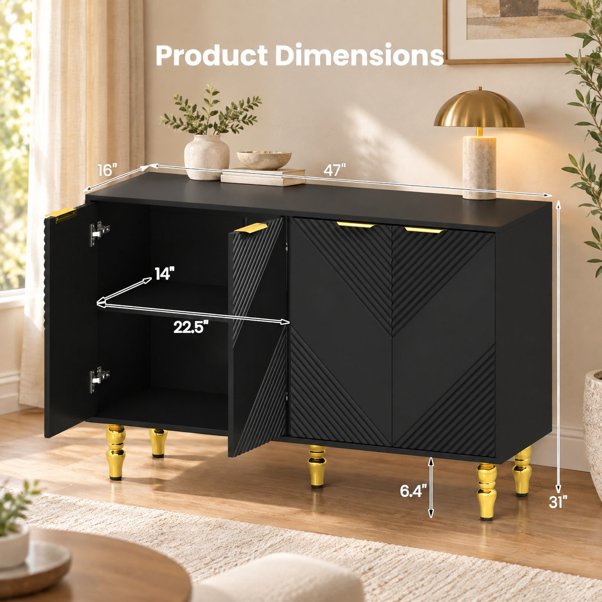 Airfind 47 Sideboard Buffet Cabinet with 4 Chevron Fluted Doors Anti-Toppling Devices for Kitchen, Black