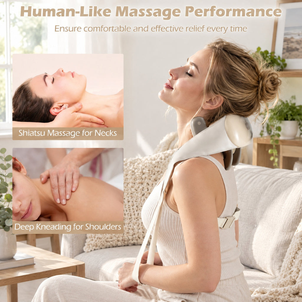 Airfind Neck Shoulder Massager with 2 Heat Levels for Pain Relief, PU ABS Silicone Frame, 8 x 20 x 5.5 Footprint, Beige