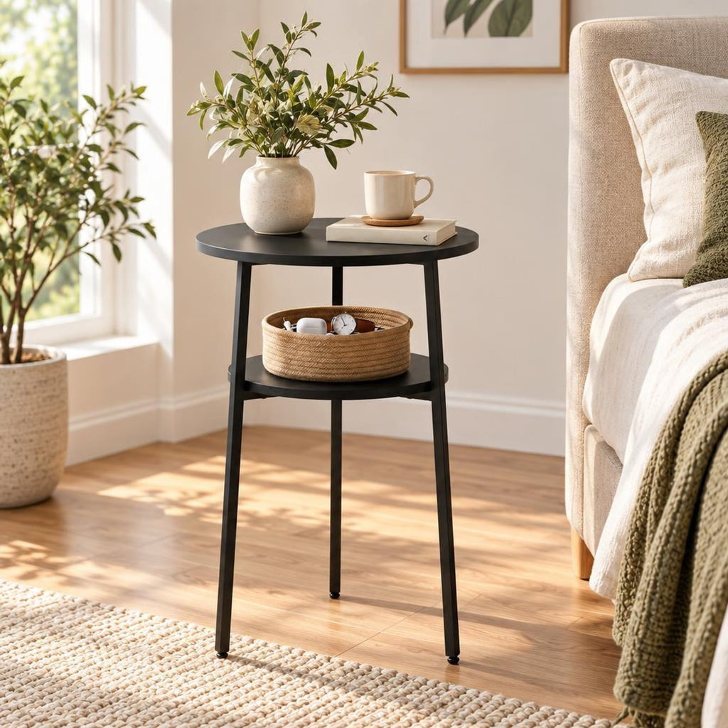Airfind Side Table, Round, with Storage Shelf and Metal Frame for Living Room, of Tabletop 90 lbs Capacity, Engineered Wood Metal Frame, Black