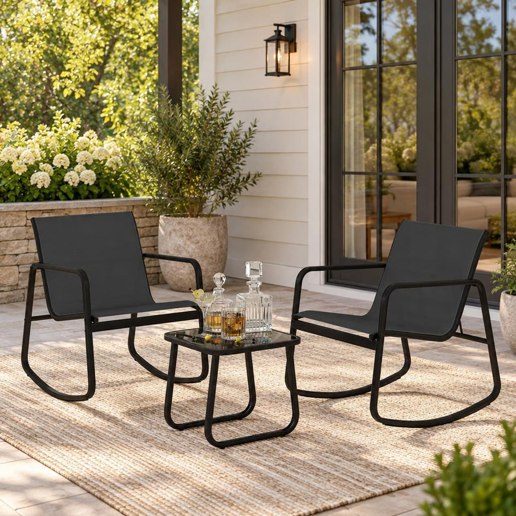 Airfind 2 Rocking Bistro Chairs and Glass-Top Table for Porch Yard Balcony, 330 lbs Capacity, Metal Fabric Tempered Glass Frame, Black