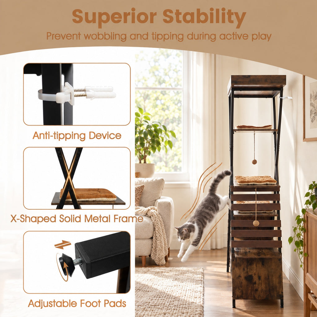 Airfind 73 Inch Multi-level Cat Tree for Indoor Cats with Elevated Perch and Large Condo, 44 lbs Capacity, Engineered Wood Frame, Brown
