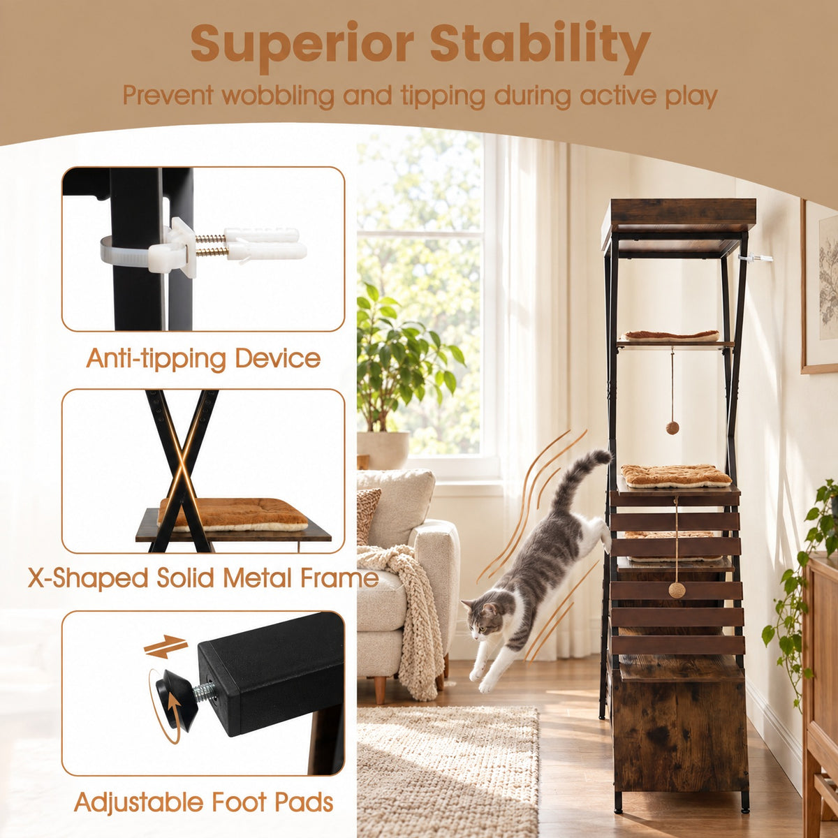 Airfind 73 Inch Multi-level Cat Tree for Indoor Cats with Elevated Perch and Large Condo, 44 lbs Capacity, Engineered Wood Frame, Brown