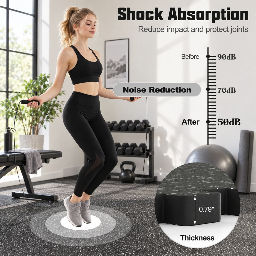 Airfind 0.79 inch Thick Rubber Top Exercise Mat 48 Sq Ft with Boarders, Rubber PE Foam Frame, of 12 Tiles 6 x 8 ft Total Footprint, Black