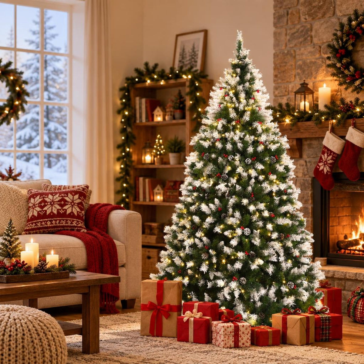 Airfind Pre-Lit Hinged Lifelike Lush Artificial Christmas Tree with PVC Tips-7.5 Feet, PVC metal Frame, 6ft x 3.6ft/7.5ft x 4.2ft/9ft x 4.7ft Footprint