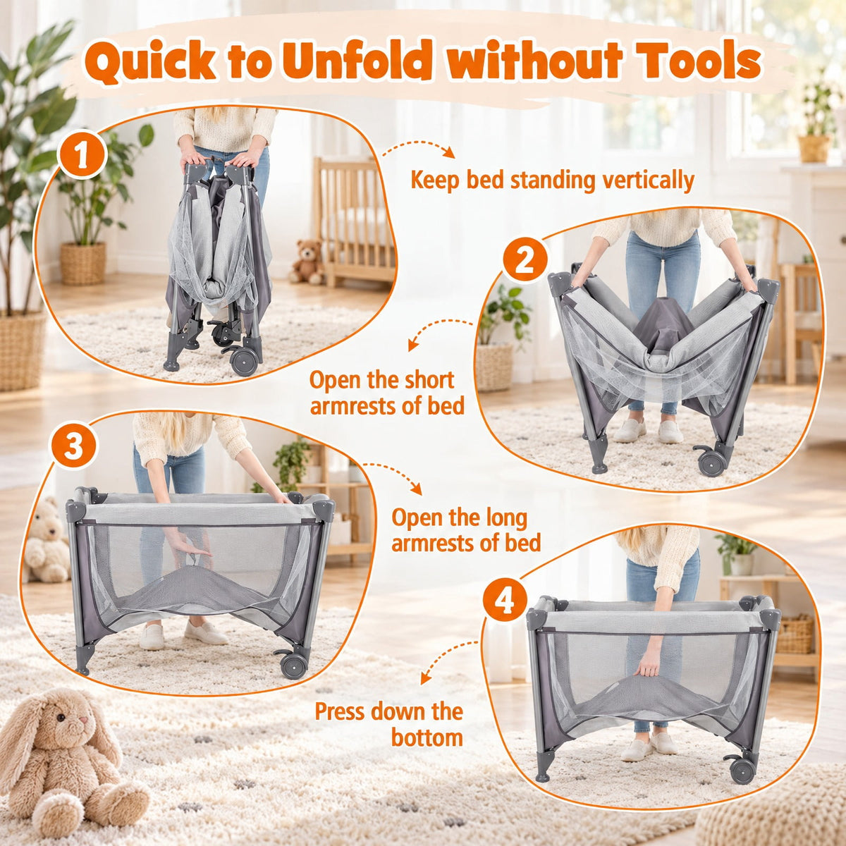 Airfind 5-in-1 Portable Child Playard with Cradle and Storage Basket, 33 Lbs Capacity, Polyester Fabric Sponge Iron PP Basic Child Playard, Gray