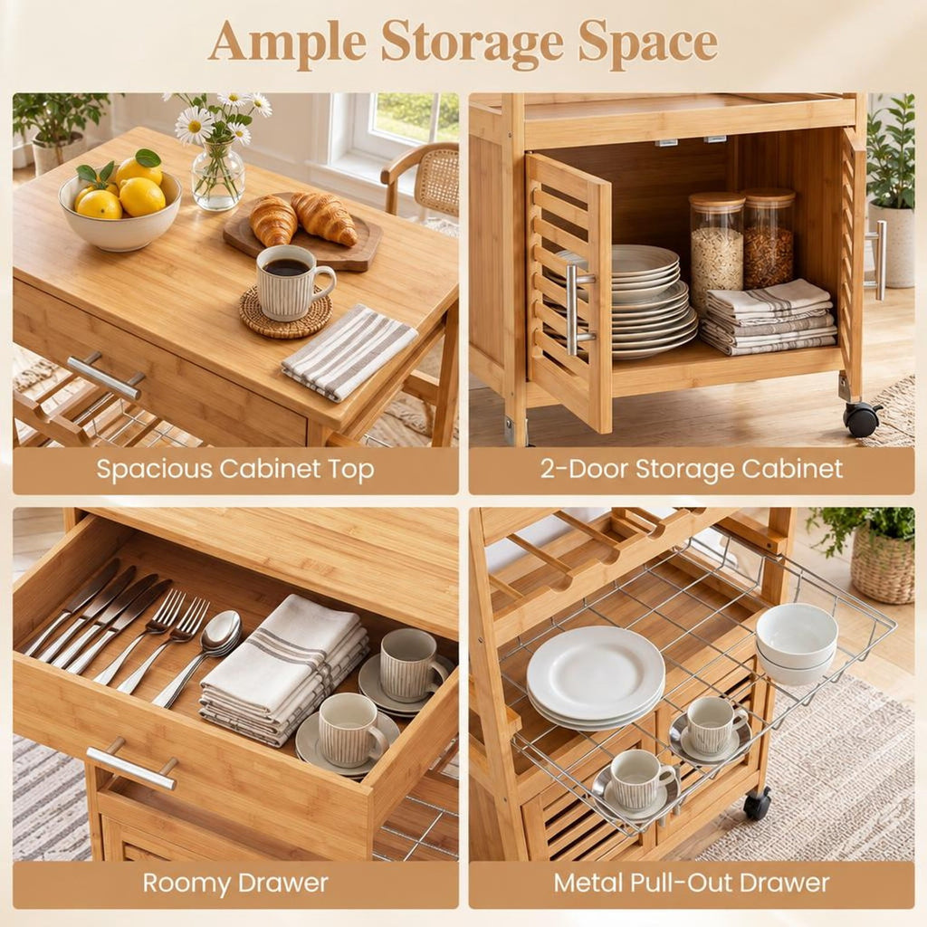 Airfind Bamboo Rolling Kitchen Island Trolley with Storage Cabinet and Wine Rack, 66 lbs Capacity, Bamboo Engineered Wood Metal Frame, Natural