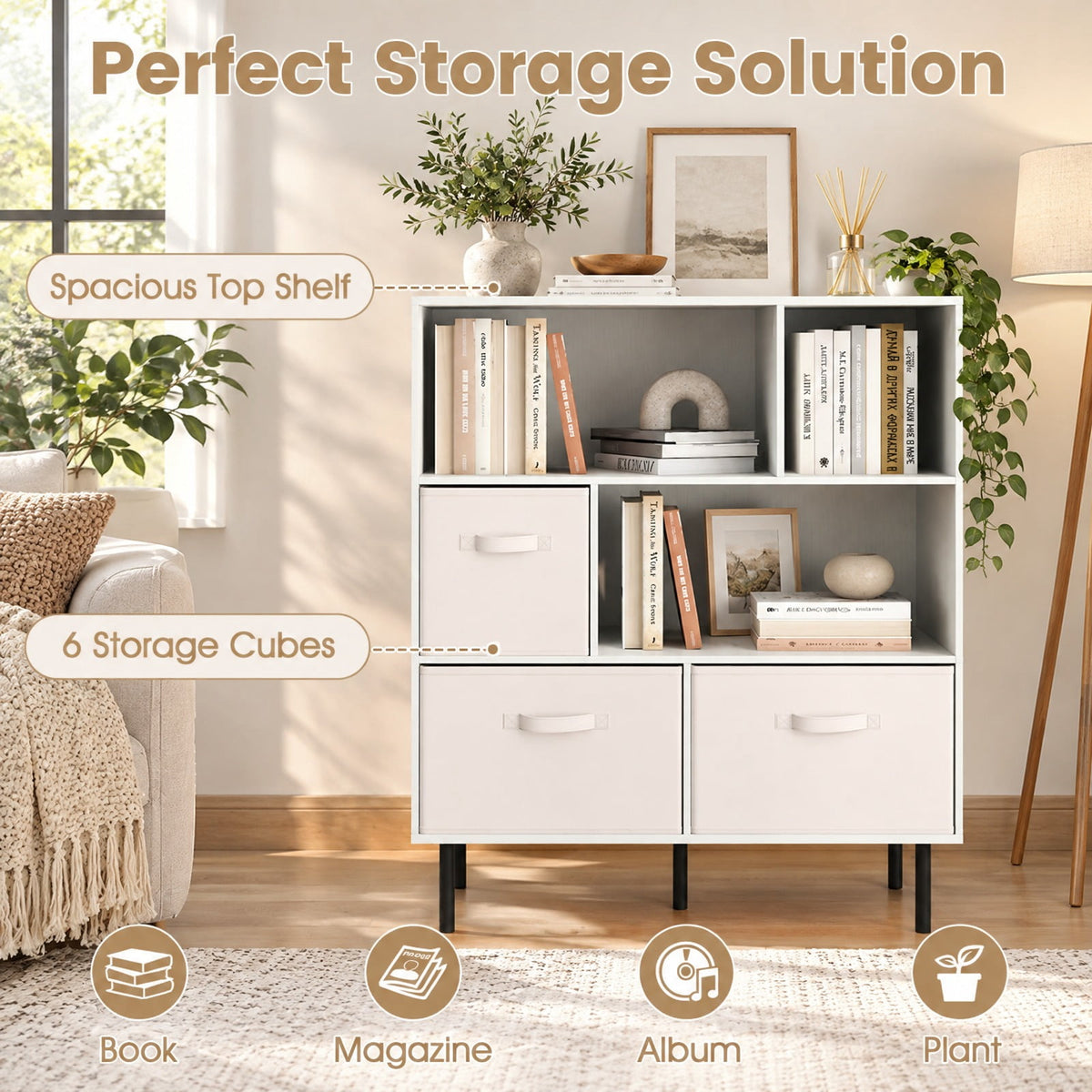 Airfind 6-Cube Bookshelf with 3 Removable Folding Fabric Drawers for Living Room, 330 lbs Capacity, Metal Engineered Wood Frame, White