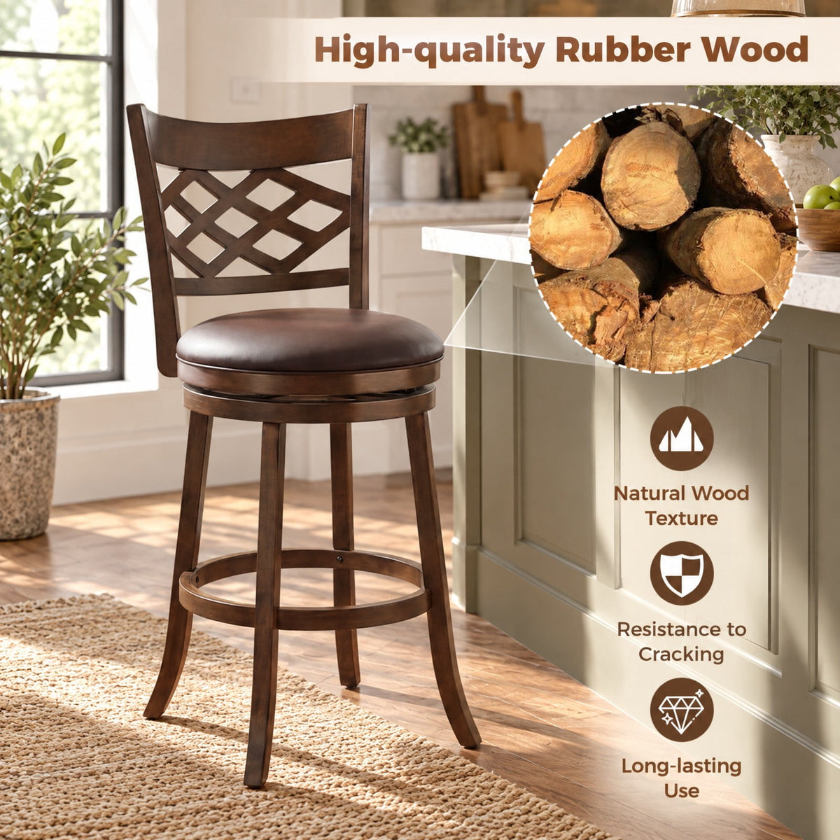 Airfind 31 Inch Counter Height Bar Stools Set of 2 with Rubber Wood Frame-31 Inch, 330 lbs Capacity, Rubber Wood PVC Leather Sponge Frame, Wood