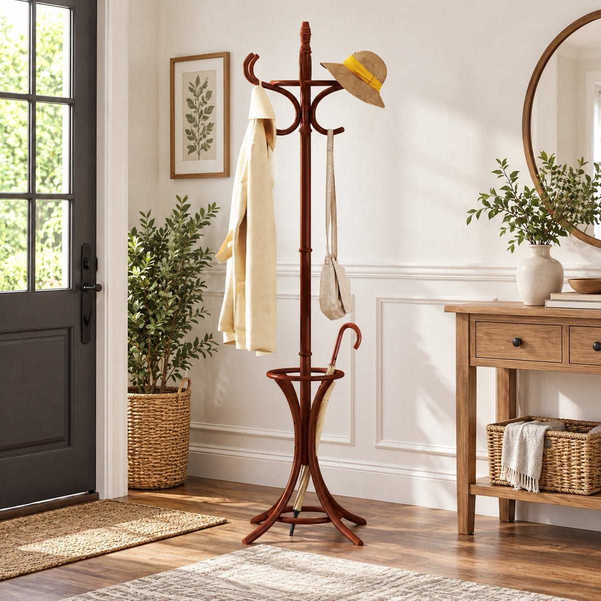 Airfind Wood Standing Hat Coat Rack with Umbrella Stand, 22 lbs Capacity, 16in x 16in x 73in Footprint, Brown