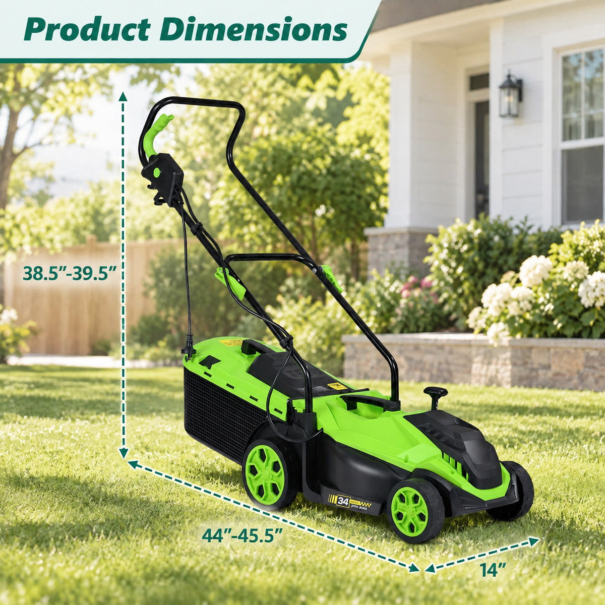 Airfind 14-Inch 12-Amp Corded Electric Lawn Mower w/ 5-Position Height Adjustment, Metal Frame, 44-45.5 x 14 x 38.5-39.5 Footprint, Green
