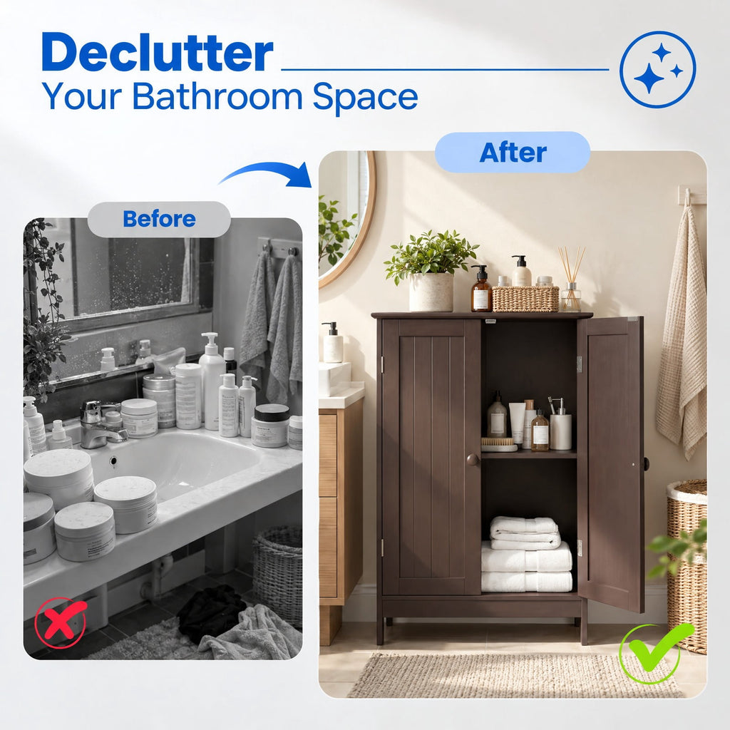 Airfind Bathroom Floor Storage Double Door Cupboard Cabinet, 22 lbs Capacity, MDF Frame, 24in x 14in x 34.5in Footprint, Brown