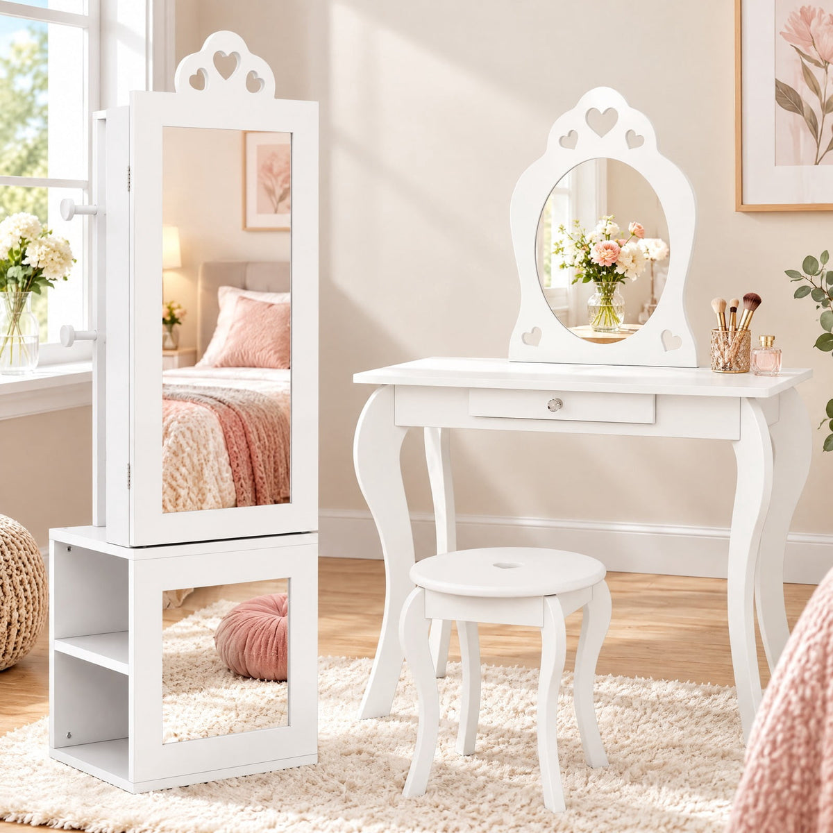 Airfind 3-in-1 Freestanding Kids Jewelry Cabinet Armoire with Full Length Mirror, MDF Frame, 13.5 x 12 x 46 Footprint, White