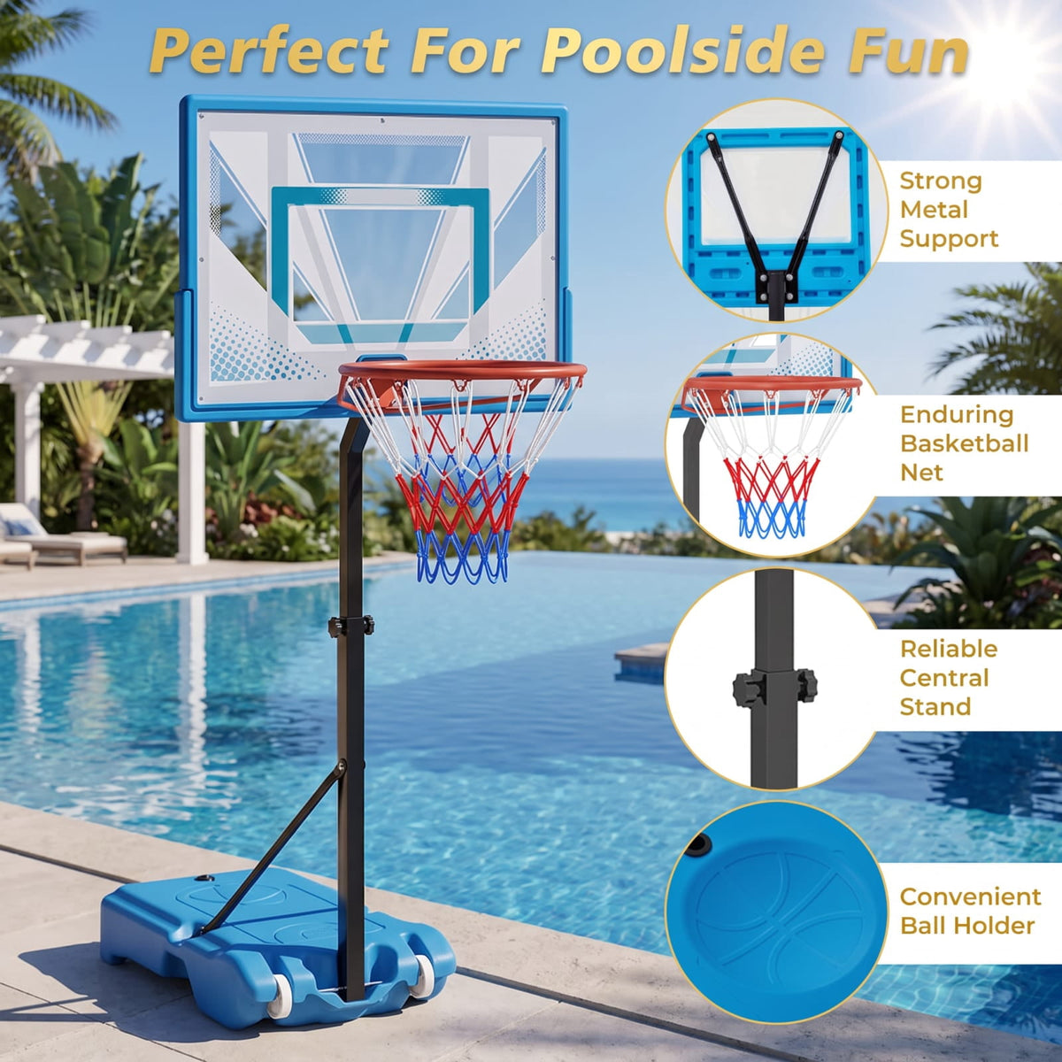 Airfind Pool Basketball Hoop with 3 Level Adjustable Height Shatterproof PC Backboard Weighted Base and Wheels for Swimming Pool Poolside Fun, Blue
