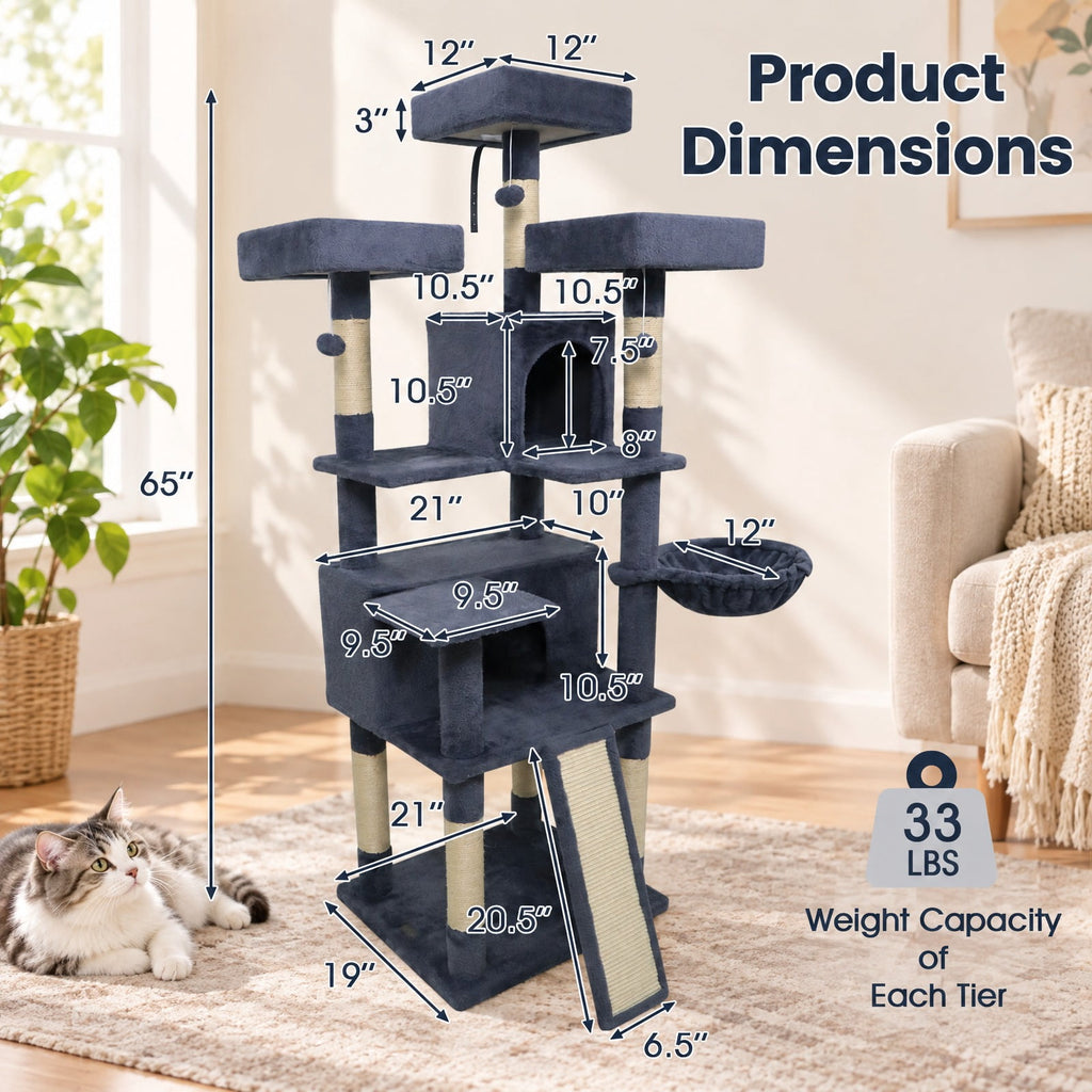 Airfind 65 Inch Tall Multi-level Cat Tree with 3 Upholstered Perch and 2 Cat Condos, Fabric Sisal Engineered Wood Overall Height 65 Inch Base Frame