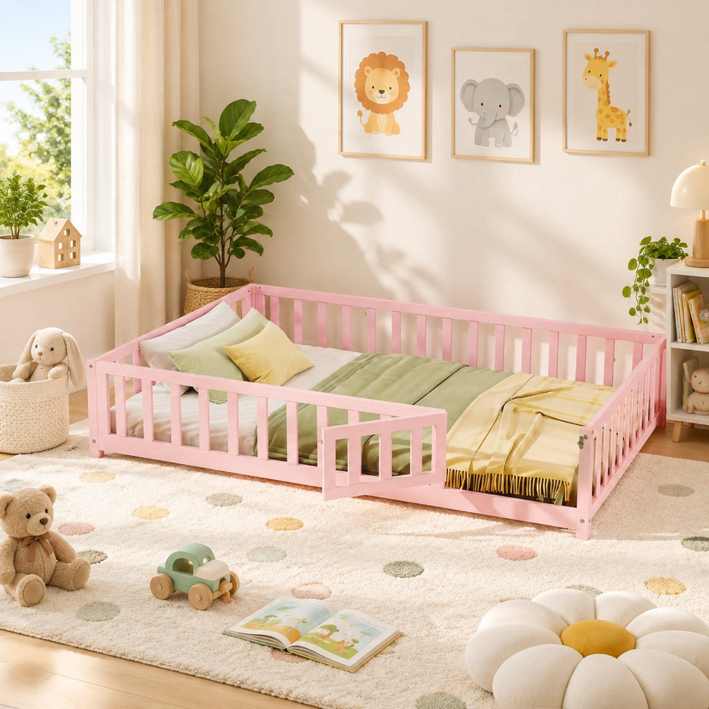 Airfind Montessori Bed Frame with Full-length Guardrails Safety Door and Latch, 330 lbs Capacity, Pine Wood Plywood Frame, Pink
