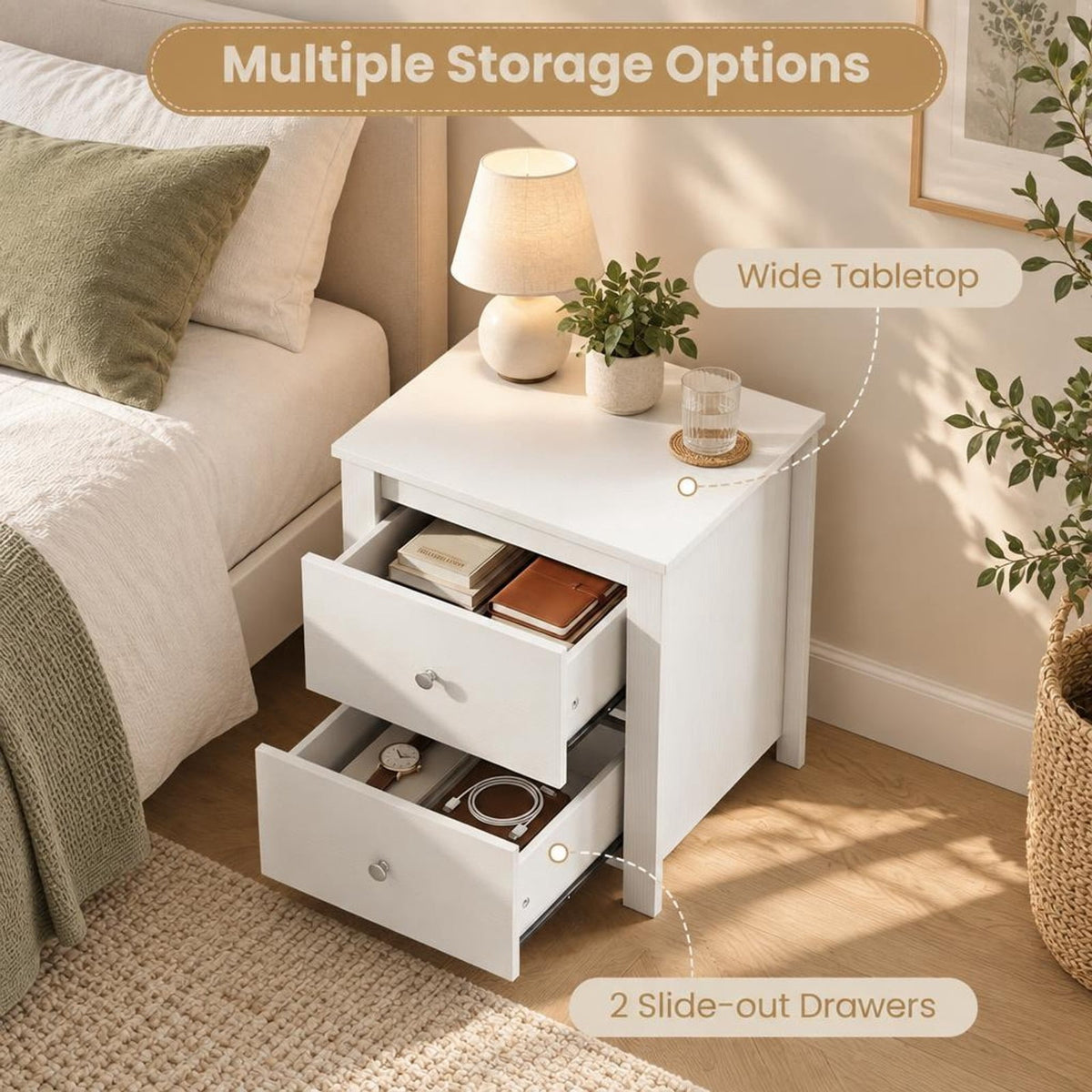 Airfind Nightstand with 2 Drawers Storage for Bedroom Living Room Small Spaces, 66 lbs Capacity, Engineered Wood Metal Frame, White