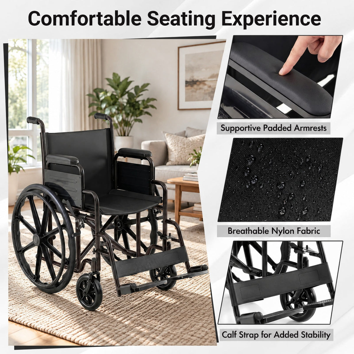 Airfind Lightweight Folding Wheelchair for Adults with Swing-Away Footrest and Desk Arm, 330 lbs Capacity, Metal Faux Leather Nylon Plastic Frame