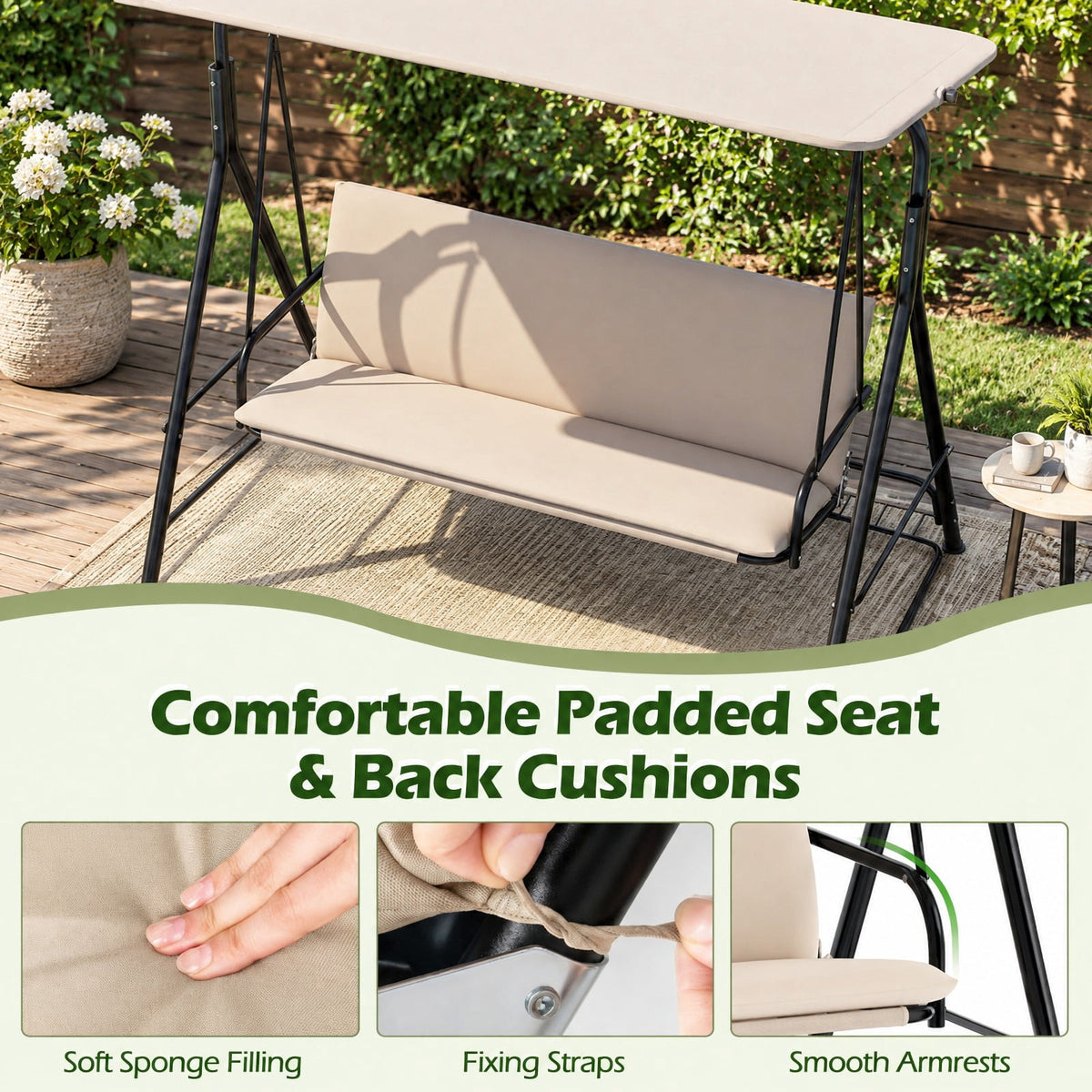 Airfind 3-Seat Patio Swing Chair with Adjustable Canopy and Removable Cushion, 800 lbs Capacity, Metal Polyester Fabric Sponge Mesh Fabric Frame