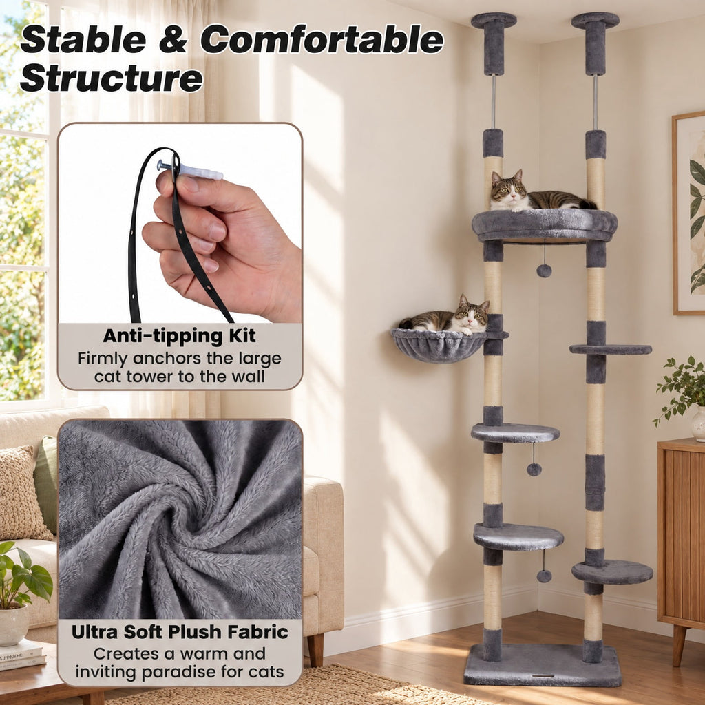 Airfind 6-tier Floor to Ceiling Cat Tree with Plush Bed and Sisal Scratching Posts, 33 kg Capacity, Plywood Plush Metal Sisal Rope Frame, Grey