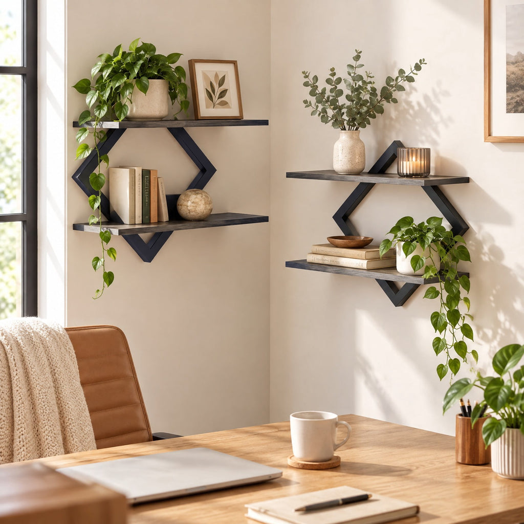 Airfind Set of 2 Metal Floating Shelves for Wall featuring Geometric Frame, Engineered Wood Metal Frame, 15 Inch x 6.5 Inch x 14 Inch Footprint, Gray