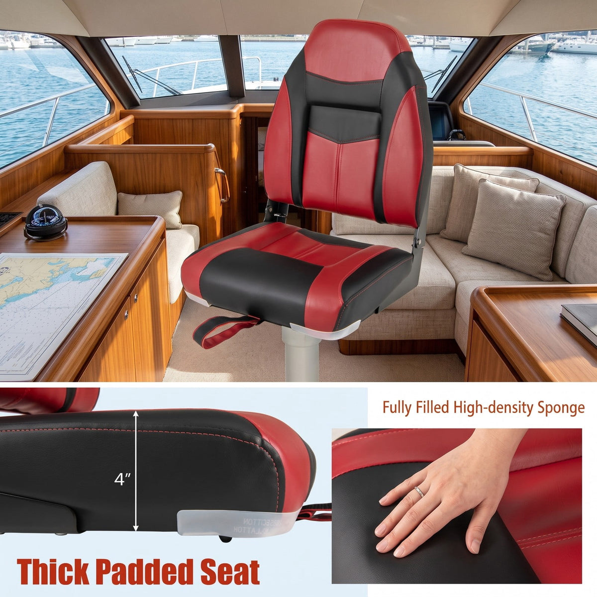 Airfind High Back Folding Boat Seat with Padded Sponge Cushion and Aluminum Hinges for Fishing and Pontoon Boats, Red and Black