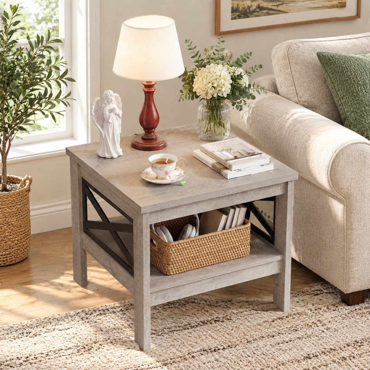 Airfind 2-Tier Square Side Table with Storage Shelf and X-Frame for Bedroom Living Room, 220 lbs Capacity, Engineered Wood MDF Frame, Brown