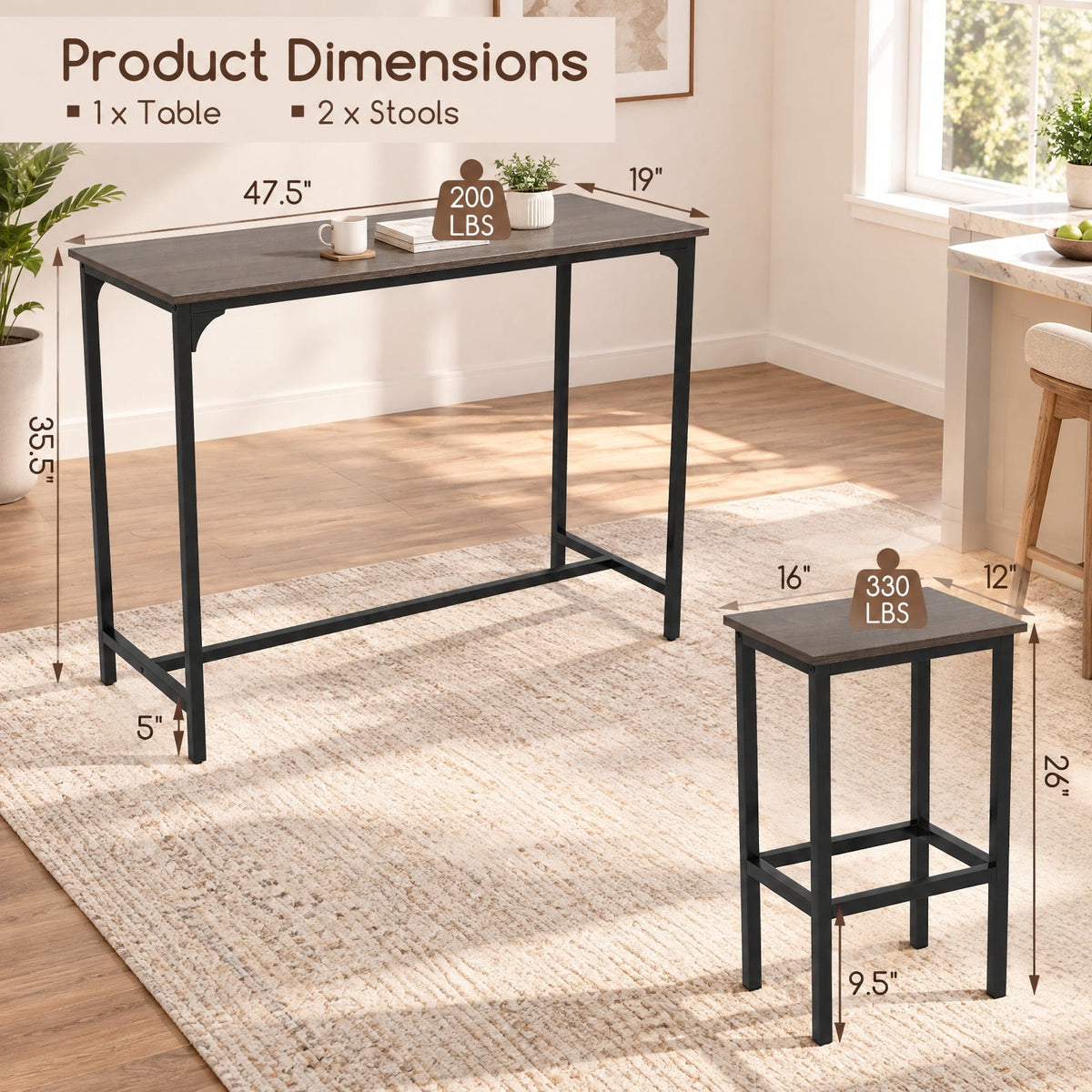 Airfind Industrial 3-Piece 47.5 Counter-Height Dining Table and 2 Bar Stools, 200 lbs Capacity, Metal Engineered Board Frame, Gray