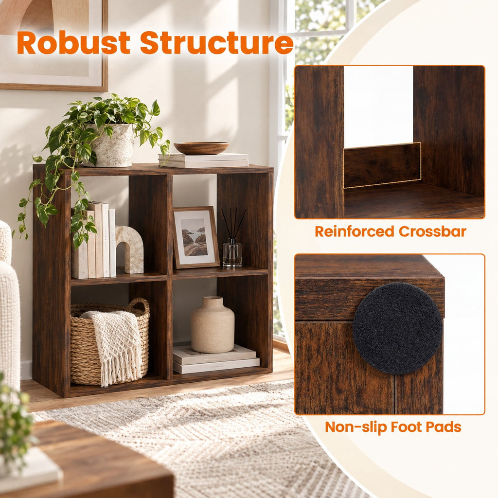Airfind 4 Cube Bookshelf with Back Guardrail for Living Room Bedroom, 100 lbs Capacity, Engineered Wood Frame, 27.5 x 13 x 27.5 Footprint, Coffee
