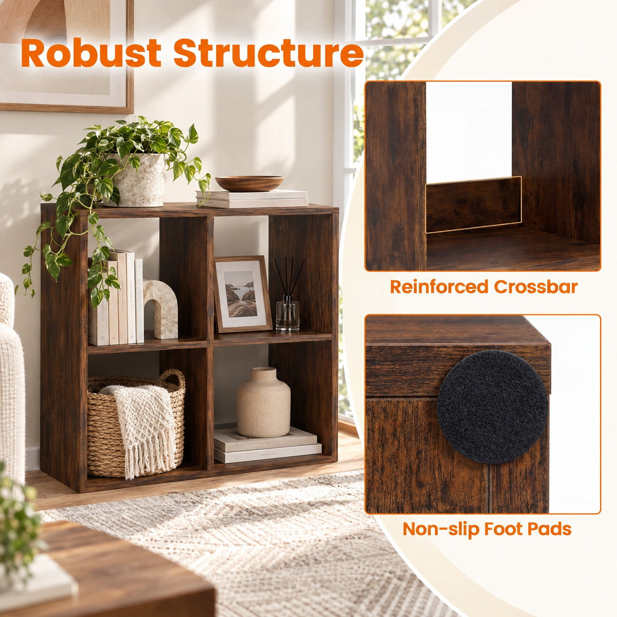 Airfind 4 Cube Bookshelf with Back Guardrail for Living Room Bedroom, 100 lbs Capacity, Engineered Wood Frame, 27.5 x 13 x 27.5 Footprint, Coffee