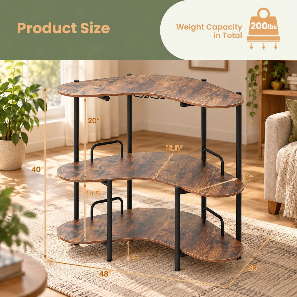 Airfind 3-Tier Liquor Bar Table with Stemware Racks and Storage Shelves, 200 lbs Capacity, Engineered Wood Metal Frame, 48 x 26 x 40 Footprint