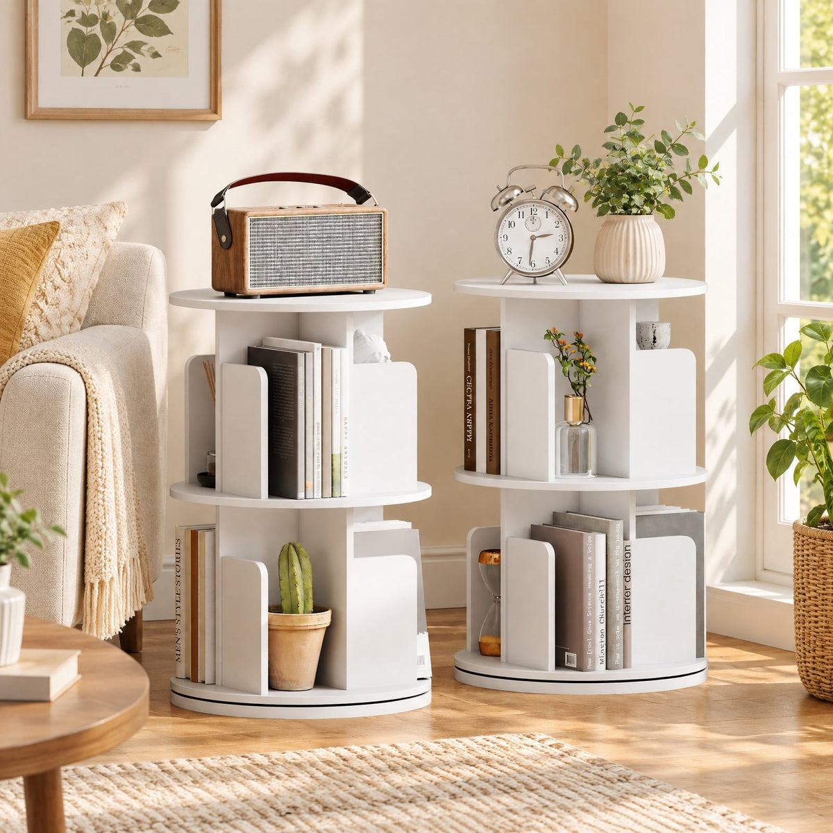 Airfind Bookshelf, 2-Tier Rotating, with Dividers and Anti-falling Baffles, 145 lbs Capacity, Engineered Wood Frame, White