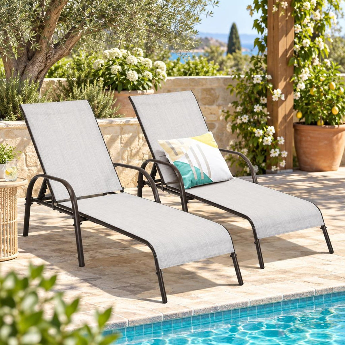 Airfind 2 Pcs Outdoor Patio Lounge Chair Chaise Fabric with Adjustable Reclining Armrest, Fabric Steel Horizontal Frame, Gray