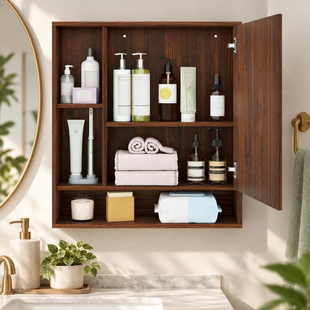 Airfind Wall Mounted Bathroom Cabinet with Mirror Single Door, 176 lbs Capacity, Glass MDF Engineered Wood Frame, 21.5 Inch x 6.5 Inch x 24 Inch Footprint