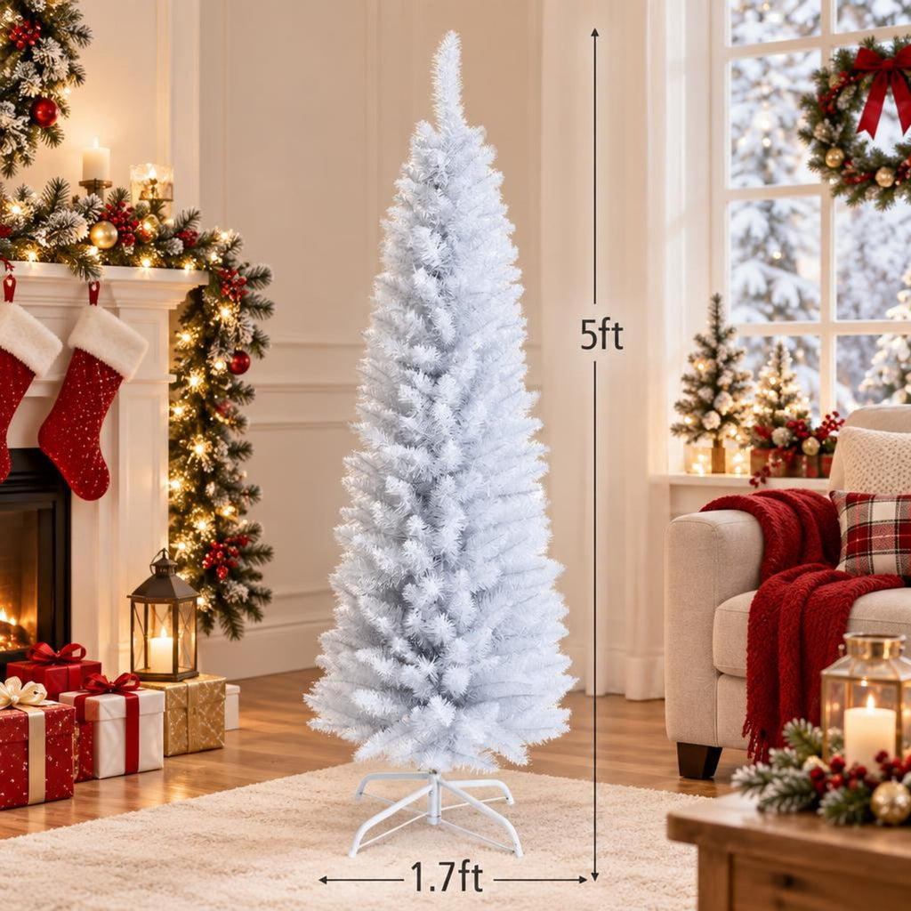 Airfind Slim Artificial Christmas Pencil Tree with PVC Needles and Folding Metal Stand-5ft, White, Branch tips create lush and dense appearance