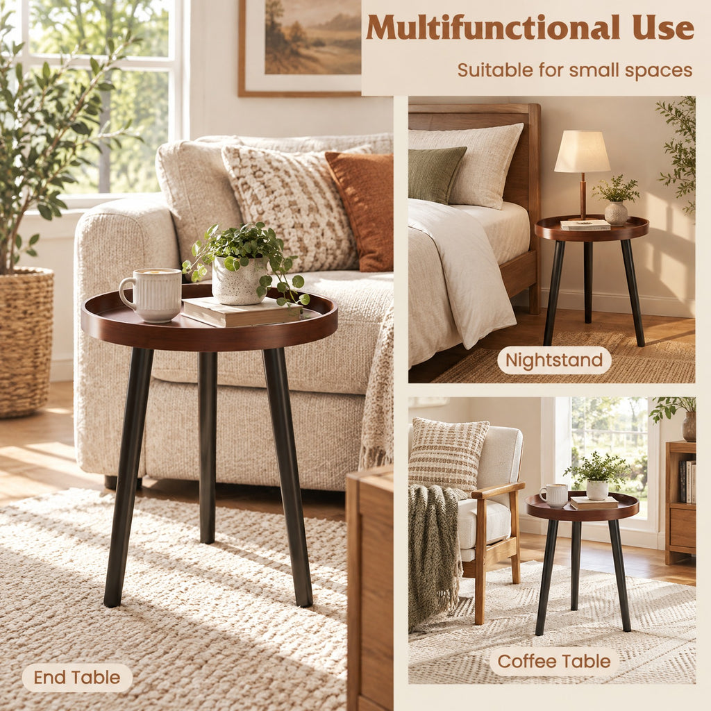Airfind Mid Century Modern Round Side Sofa Coffee Table with Wooden Tray, 33 lbs Capacity, MDF panel bamboo feet Frame, Brown