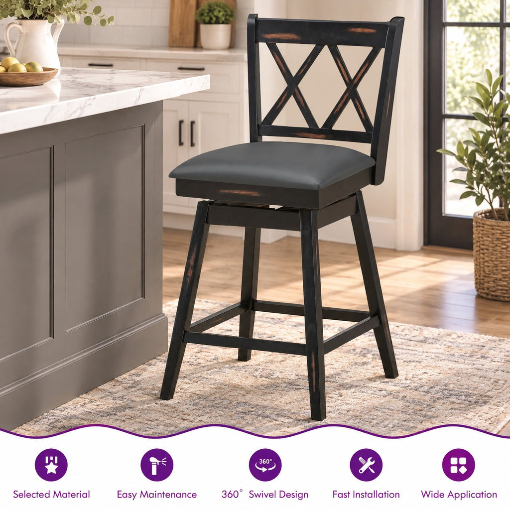 Airfind 2 Pieces 24 Inch Swivel Counter Height Barstool Set with Rubber Wood Legs, 264 lbs Capacity, PVC High density sponge rubber wood Frame