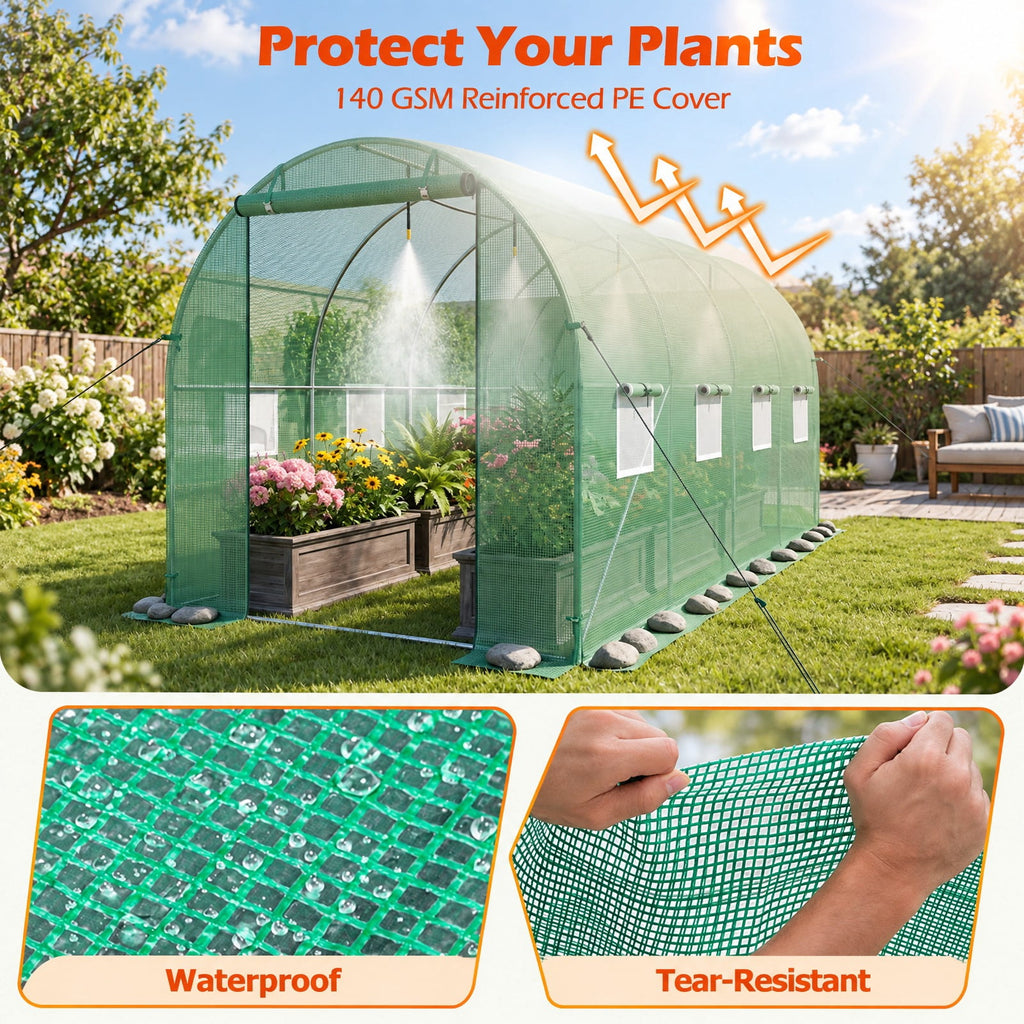 Airfind 15 x 7 x 7 ft Walk-in Tunnel Greenhouse with Watering System, Galvanized Steel Frame, 15 x 7 x 7 ft Footprint, Green