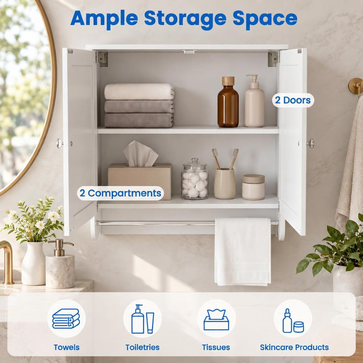Airfind Wall Mounted Bathroom Storage Medicine Cabinet with Towel Bar, 100 lbs Capacity, Engineered Wood Frame, White