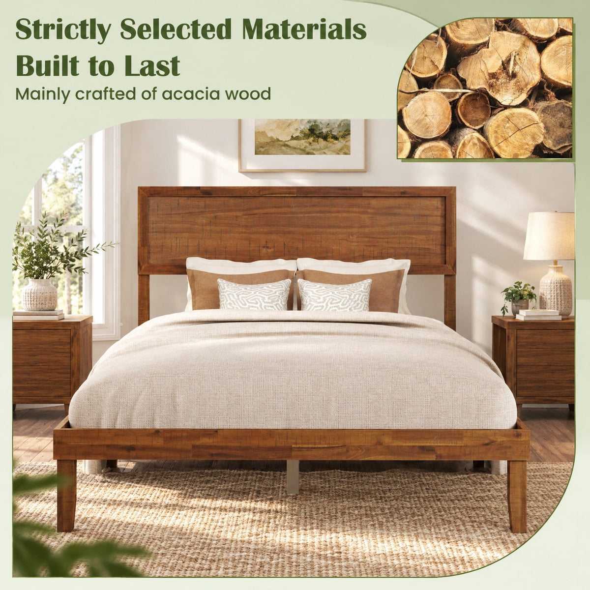 Airfind Full Size Bed Frame with Headboard and Wooden Slats Support, 660 lbs Capacity, Plywood Acacia Wood Rubber Wood MDF Frame