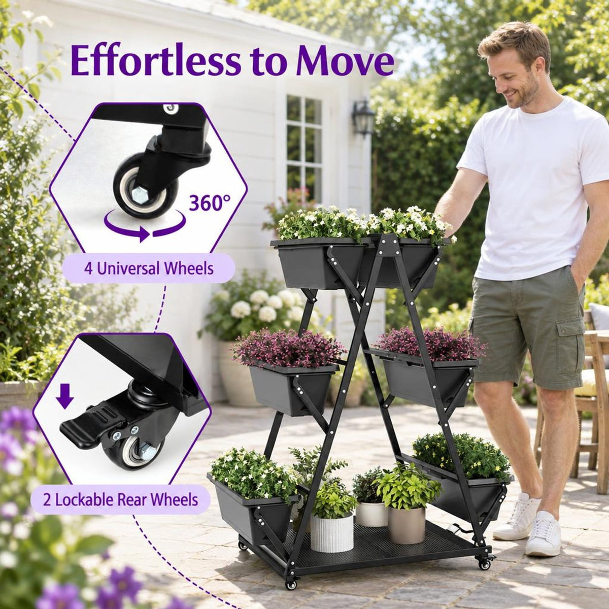 Airfind 3-Tier Vertical Raised Garden Bed with 4 Wheels and 6 Container Boxes, Carbon Steel PP Metal Frame, 38 x 23 x 47 Footprint, Black