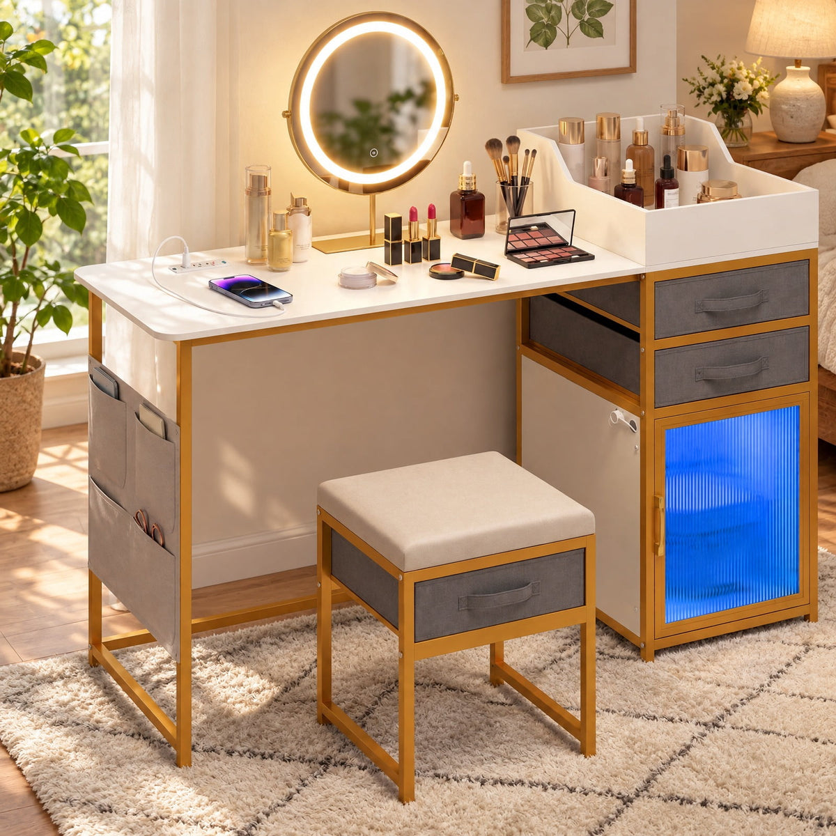 Airfind Vanity Desk with Rotatable Lighted Mirror 55 Inch Makeup Vanity Table, White, Smooth rounded corners for safe use