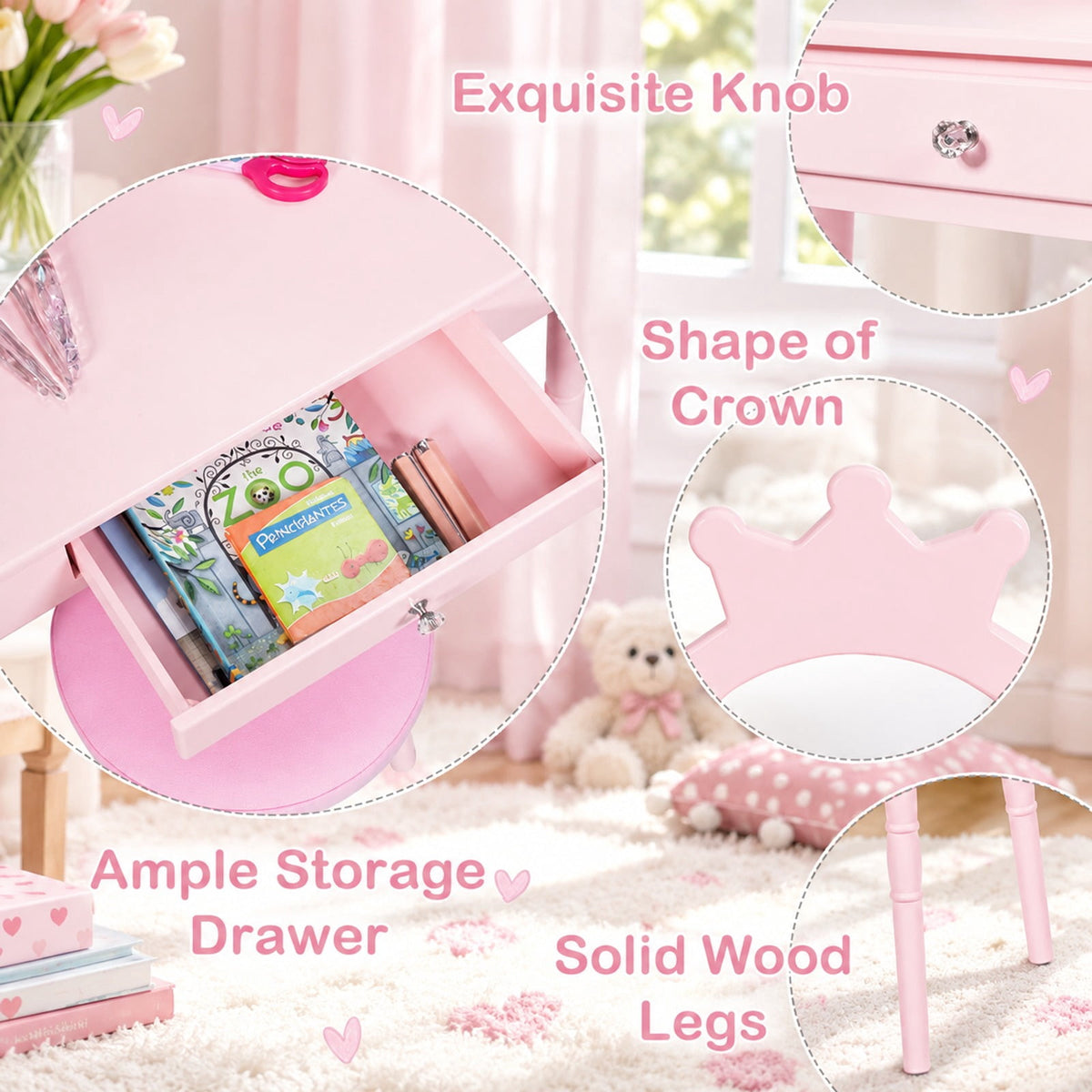 Airfind Kids Vanity Makeup Table and Chair Set Make Up Stool, 33 lbs Capacity, MDF pine wood Frame, 27.5 Inch x 13.5 Inch x 40 Inch Footprint, Pink