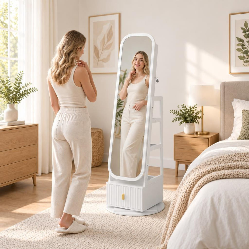 Airfind 360° Swivel Jewelry Cabinet with Full-Length Mirror and Dual Hooks, Engineered Wood Frame, 22 x 22 x 64.5 Footprint, White