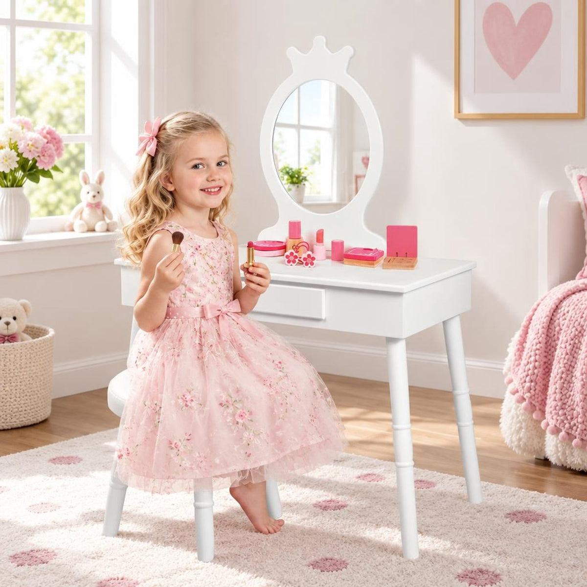 Airfind Kids Vanity Makeup Table and Chair Set Make Up Stool, 33 lbs Capacity, MDF pine wood Frame, 27.5 Inch x 13.5 Inch x 40 Inch Footprint, White