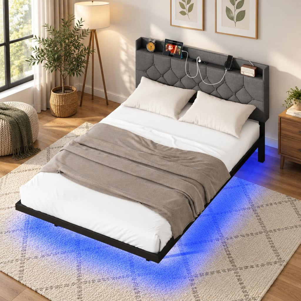 Airfind Full/Queen Size Floating Bed Frame with LED and Headboard and Charging Station, 660 lbs Capacity, 78.5 Inch x 55.5 Inch x 34 Inch Bed Platform Footprint