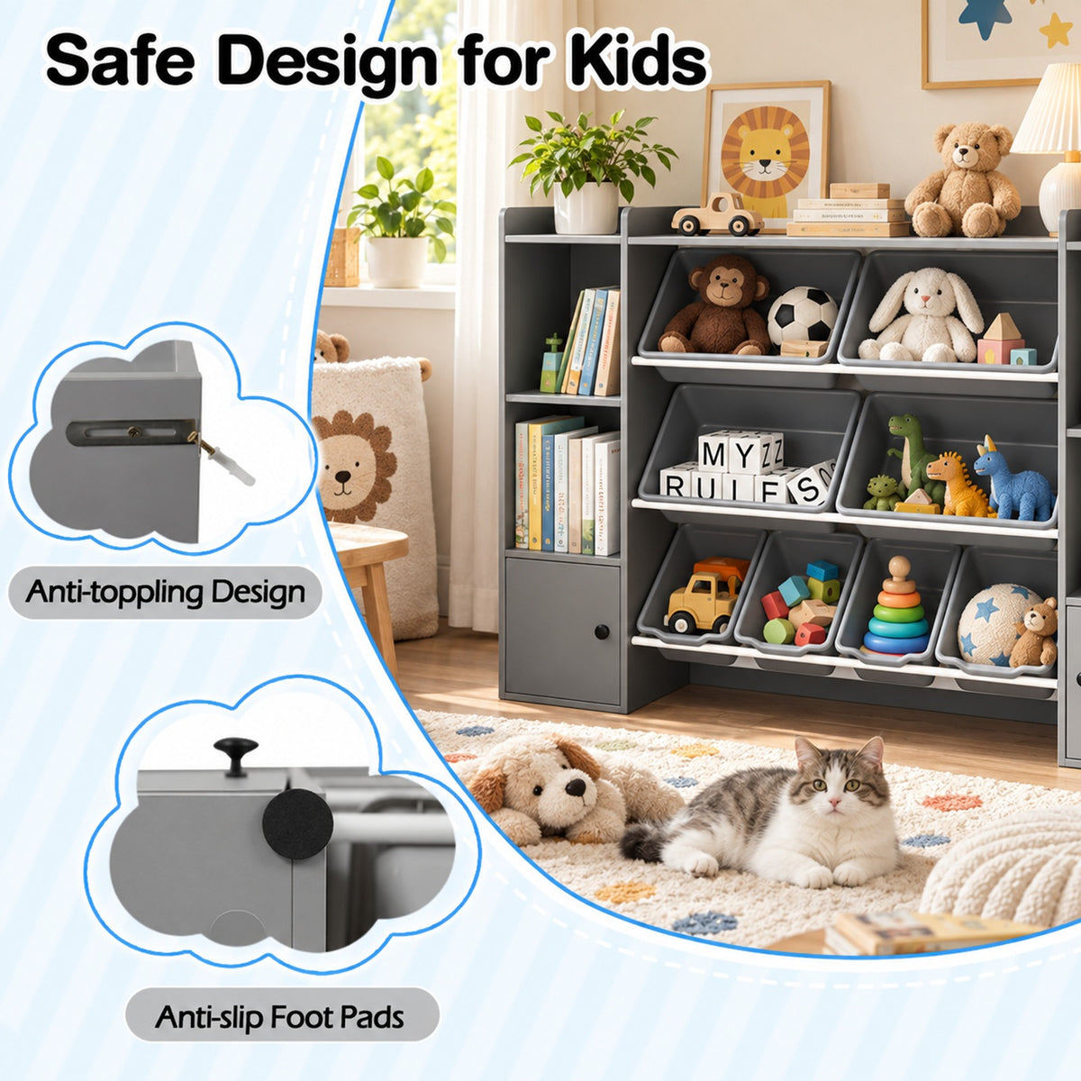 Airfind Kids Toy Storage and Bookshelf with Boxes and Open Shelves, 385 lbs Capacity, Engineered Wood Frame, for 3+ Years Old Total, Gray